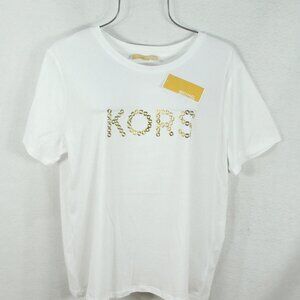 Share Michael Kors Women's Blouse XL White Goldtone Studded Kors Logo Top Shirt